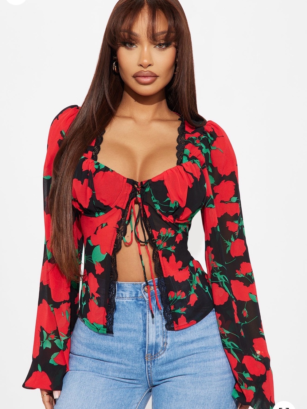 Floral Tie-Front Sweetheart Blouse in Red and Black